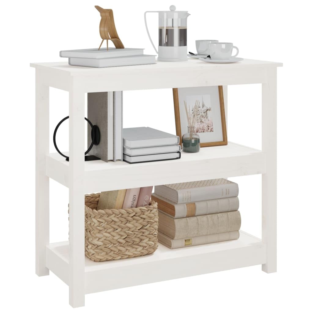 Mesa consola blanca de 80 x 40 x 74 cm, mesa de pasillo de madera maciza de pino con 3 estantes, mesa de pasillo y salón, mesa clásica de madera rústica