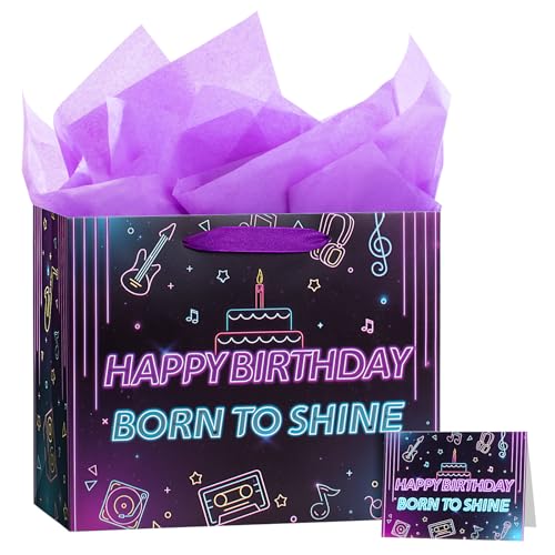 bigniuzi Kpop Birthday Gift Bag with Tissue Paper and Greeting Card for Girls Purple Music Birthday Wrapping Paper for Party Supplies