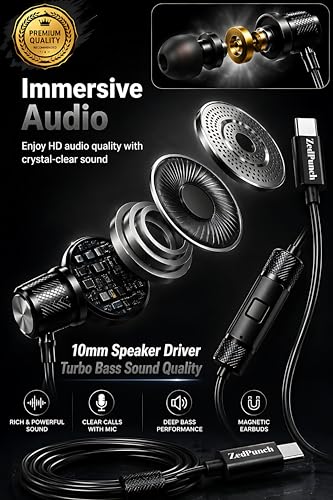 Image of ZedPunch Gaming Type-C Wired Earphone with Mic, 10mm Dynamic Bass Driver, Magnetic in-Ear Headphones, Low Latency Sound for Gaming, 1 Button Control, HD Calling, Voice Assistant, (Dark Black)