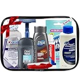 Mens Travel Toiletries Kit Christmas Gift, Travel Bag Stocking Stuffer, Hygiene Essentials for Bath, Shaving and Personal Care, 8 Mini TSA Approved Items in Reusable Zipper Bag, Perfect for On-The-Go