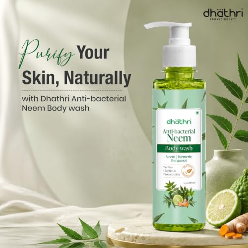 Image of Dhathri Ayurveda Anti-Bacterial Neem Body Wash with Turmeric & Bergamot | Purifying Body Wash Helps Cleanse & Refresh Skin | Soap, Paraben & Silicone Free | For Men & Women | 200ml