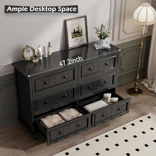 Image of Black 6 Drawer Dresser, Vintage Chest of Drawers, 47.2'' Bedroom Cabinet