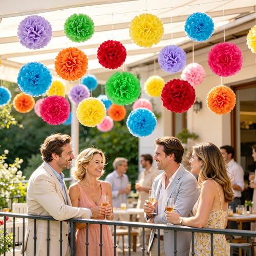 Image of EASY JOY 15 Pcs Multicolor Tissue Paper Flowers Rainbow Hanging Paper Pom Pom Decorations Tissue Pom Poms for Birthday Fiesta Mexican Party Classroom Home Wall Ceiling Wedding Baby Shower DIY Arts