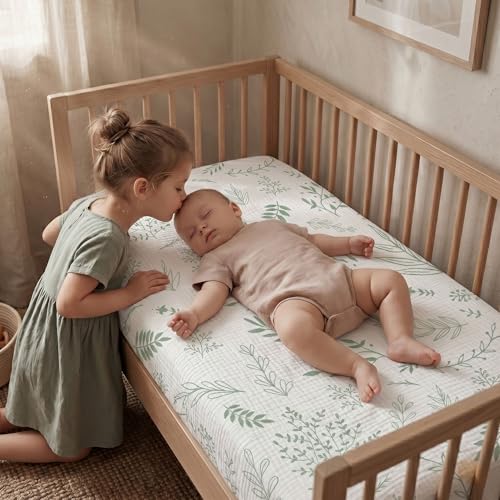 Image of Muslin Bassinet Sheets 2 Pack, Ultra Soft Breathable Fitted Sheets for Bedside Sleeper Bassinet, 33x20 Inch, Snug Fit Baby Bassinet Mattress Cover for Newborn Boys Girls (Bright Leaves)