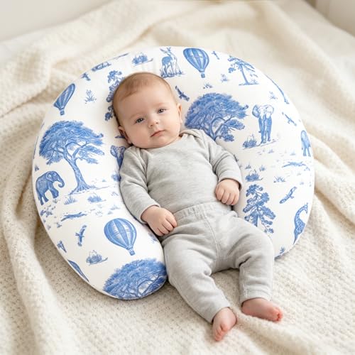 Image of TANOFAR Nursing Pillow Cover, Stretchy Removable Breastfeeding Pillow Cover, Ultra Soft Snug Fits On Newborn Feeding Pillow Case for Baby Girls, Blue Elephant