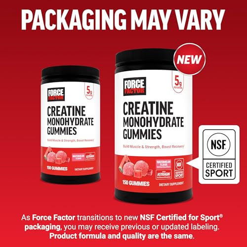 Image of Force Factor Creatine Monohydrate Gummies, NSF Certified, 5g Dose for Men & Women to Support Muscle, Strength, Recovery, Cognitive Health & Memory, Packaging May Vary, Watermelon, 150 Gummies