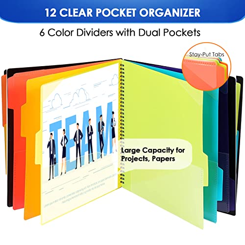 Ktrio 12 Pocket Poly Project Organizer, Binder Organizer Spiral Project Folder Multi Pocket Folder Binder With Pockets Letter Size, Back Cover Utility Pouch, 6 Tab Color Dividers, School Supplies #TOP1