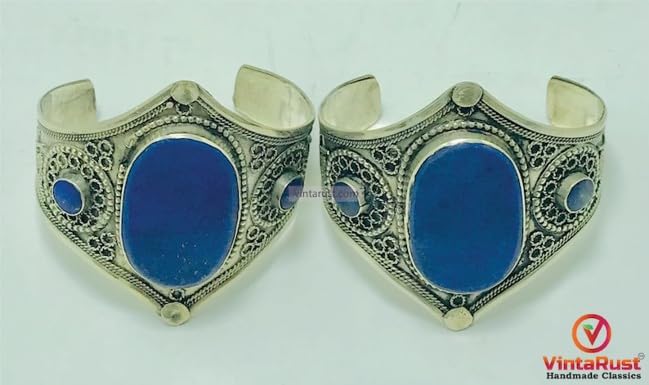Lapis Lazuli Stone Handmade Cuff Bracelet, Kuchi Boho Cuff Bracelet, Ethnic Statement Cuff, Lapis Jewelry