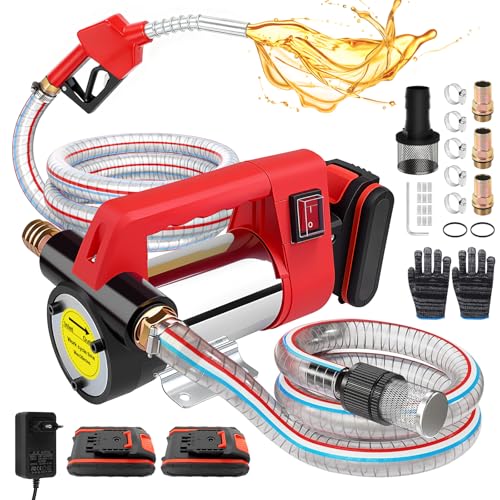Dieselpumpe Akku 45L/Min, Kabellose Elektrische Dieselpumpe, 21V Elektrische Kraftstoffpumpe mit 2x2.0Ah Batterie, Tragbare Heizölpumpe mit Auto Shut-off Düse, 2x 2 m Schlauch für Diesel Kerosin