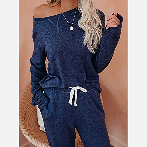 Lot de 2 vêtements de sport grande taille pour femme ensemble haut manches longues et pantalon bleu