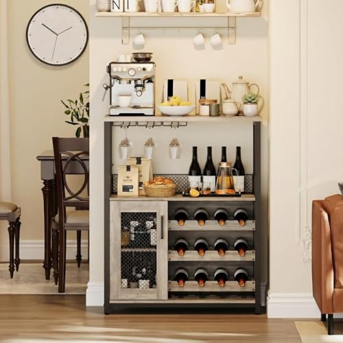 3-Tier Wine Cabinet with Removable Wine Rack, Bar Cabinet with Baffle Door & Glass Holders, Industrial Kitchen Freestanding Buffet Metal Wood Sideboard for Dining Room, 69x35x92 cm, Rustic Brown ﻿