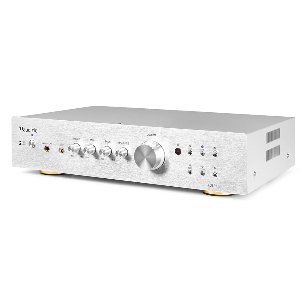 Audizio AD220A Amplificador estéreo Hi-FI de 400w y Bluetooth, 1 Salida subwoofer, Salida óptica y coaxial, 2 Salidas de Altavoz, MP3, Ideal para Ver peliculas o Escuchar tu música, Color Aluminio