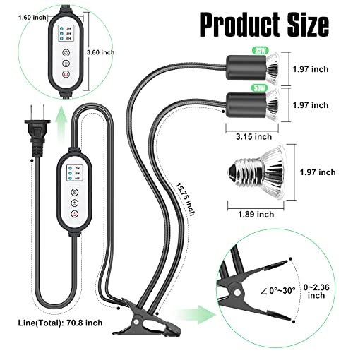 Dtzy Reptile Heat Lamp,Double-Head Heat Lamp With Clamp ，360° Rotatable Clip And Turtle Light Basking Spot Lamp Adjustable,For Lizard Turtle Snake Amphibian & Aquarium, 4 Bulbs (2Pcs 25W + 2Pcs 50W) #TOP4