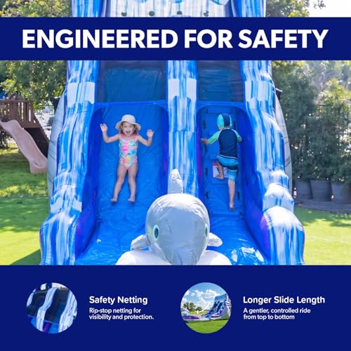 Image of HeroKiddo 16ft Tall Dolphin Inflatable Water Slide with Detachable Pool & Blower, 26ft Long Commercial Grade PVC, Heavy Duty Wet /Dry Slide for Kids & Adults, Front Load Entry for Easy Supervision