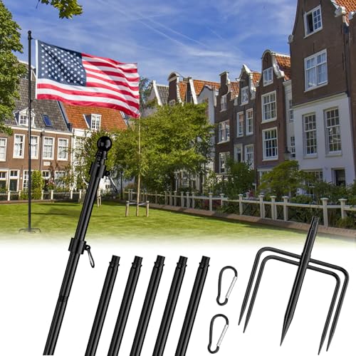 FIASON 8 FT Tangle Free Flag Pole in Ground Thickened Stainless Steel with 5 Prongs Base Heavy Duty Flag Pole Holder Flagpole Kit for Residential or Commercial (1 Pack Black Without Flag)
