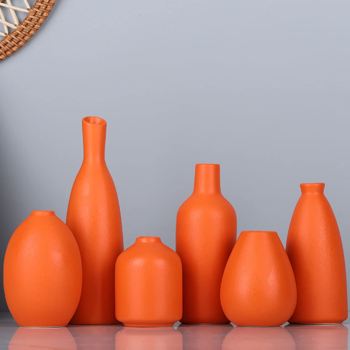 Orange Keramik Knospen Vasen Set von 6, Bauernhaus Dekor, Kamindekor, Kaminsims & Regal Dekor, Heimdekoration für Wohnzimmer, Eingang, Badezimmer & Büro, Couchtischdekoration, Knospenvasen in Bulk