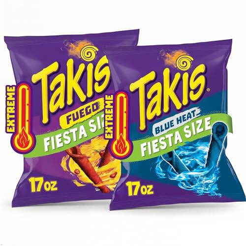 Image of Bundle of Takis Fuego + Blue Heat (17 oz) Fiesta Size Bag, Hot Chili Pepper Flavored Extreme Spicy Rolled Tortilla Chips
