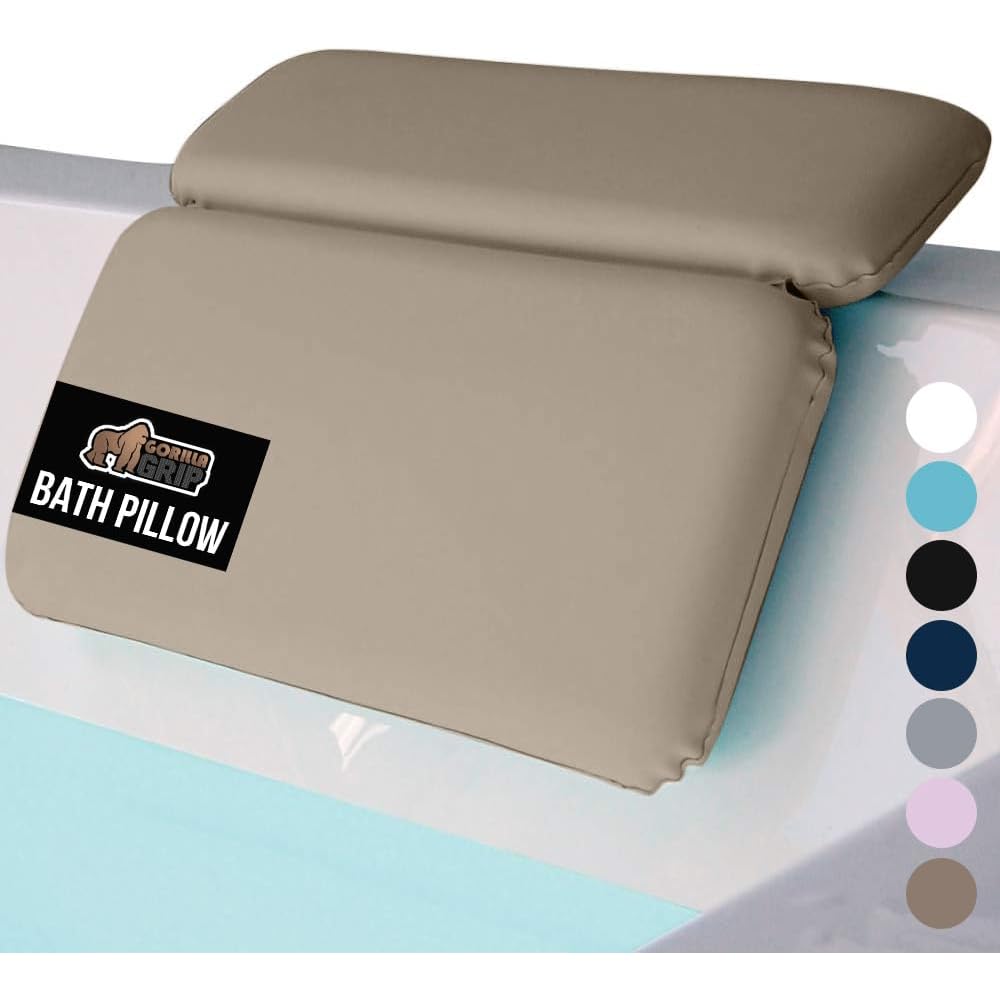 GORILLA GRIP Bath Pillow for Tub, Improved Suction Cups, Luxury Bathtub Pillows, Headrest for Neck and Back Support, Relaxing Home Spa, Hot Tubs and Bathroom Essentials, Gifts for Women, 2 Panel Beige