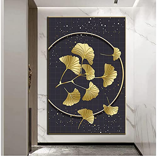 Toile plante feuille d'or pour salon triptyque chic 60x80cm - 2