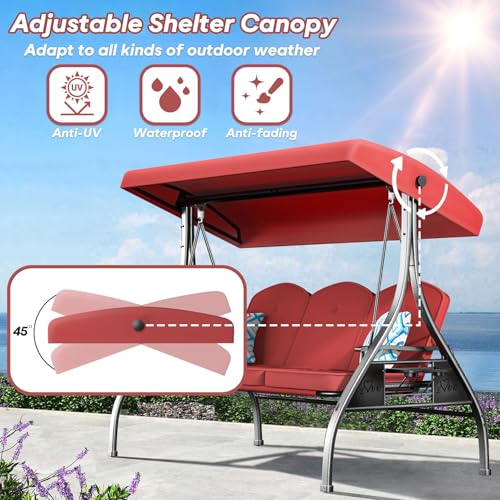 Image of ZZW 3 Seat Outdoor Porch Patio Swing with Stand 800lbs 2-in-1 Convertible Swing Bed with Adjustable Canopy & Removable Cushion for Yard Garden Deck (Red, Square Tube)
