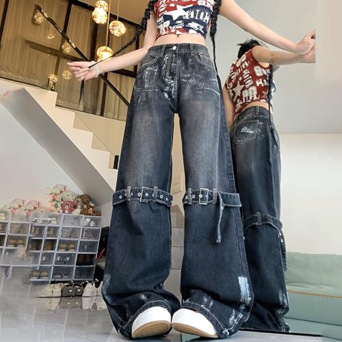 Y2K Grunge Vintage Gothic Casual Style High Waist Straight Wide Leg Jeans Straps Tie-Dye Trim Denim Pants2