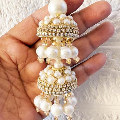 Image of Adikala Craft Store Handmade Ethnic Latkan Tassel Set of 2 for Saree Pallu, Blouse, Suits, Dupatta, Lehenga Decor | Ethnic Saree Pallu, Blouse, Suit, Dupatta & Lehenga Decoration (White Glitter D2)