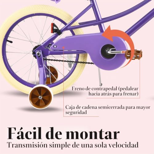 Miniatura 4 de Rully Bicicleta Donna De 20 Pulgadas Para Niños De 7 A 13 Años Y Niñas, 20 Pulgadas, Con Soporte Y Cesta, Estilo Retro En Color Lila