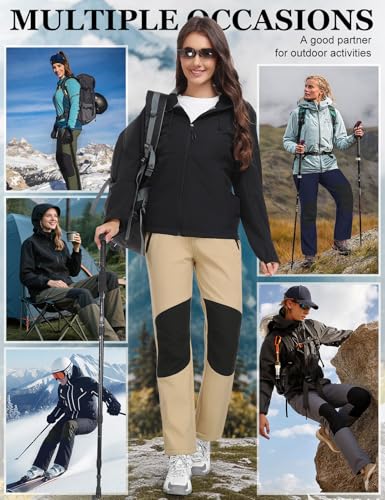 PASUDA Damen Wanderhose Wasserdicht Skihose Softshellhose Thermohose Fleece Gefüttert Winter Hosen Schneehose Winddicht Warm Arbeitshose Trekkinghose Langlaufhose Knie-Reibungsschutz (Khaki, L)