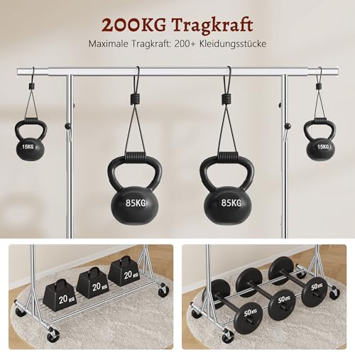 FAVOOSTY Schwerlast Kleiderständer auf Rollen, Garderobenständer Metall, Mobiler Kleiderständer Stabil, Bis 200KG Kleiderwagen Metallm, 1 Min Schnelle Installation
