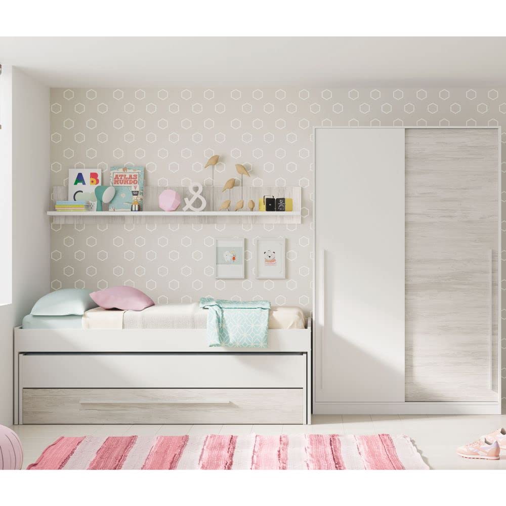 Mobelcenter, Cama Nido Juvenil Elliot 2 Camas 1 Cajón 1 Estante, Cama Doble Juvenil con 2 Camas 1 Cajón, Color Blanco Artik y Blanco Velho, Medidas: Ancho: 199 cm x Fondo: 96 cm x Alto: 65 cm (1383)