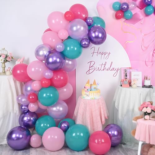 Image of Jobkoo Pink Purple Blue Balloons 60 PCS Metallic Purple Teal Hot Pink Party Latex Balloon with Confetti Balloons for Girls Princess Birthday Baby Shower Wedding Bachelorette Neon Party Decorations