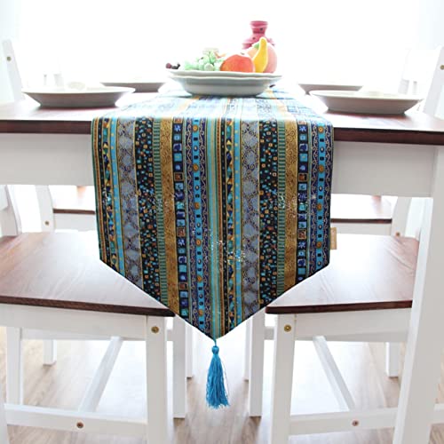 Chemin de table bleu haut de gamme en coton et lin tissé