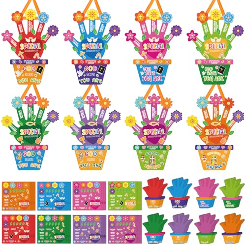 Frienda 48 Set Religious Bible Craft Kit for Kids Religious Flower Handprint Art Craft God Says You are Bible Prayer Sticker Ornament VBS Church Activity Gift for Sunday School Teacher Day