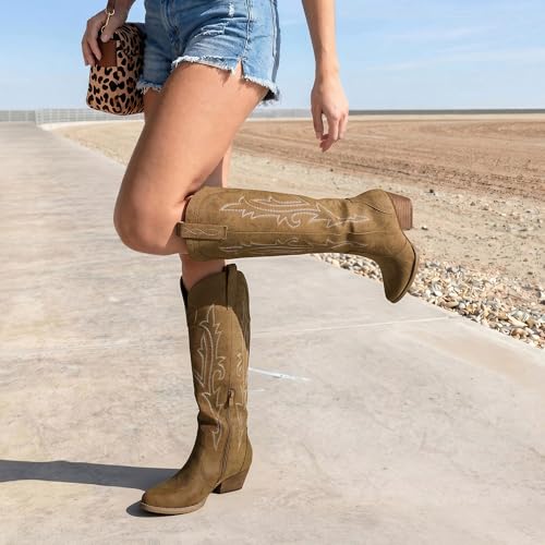 Image of DREAM PAIRS Women's Embroidered Western Pull-On Knee-High Cowboy Boots
