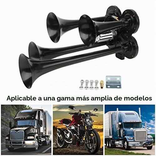 Bocina de Camión de 12 V, 150 DB, Bocina de Aire Comprimido Bocina de Coche Altavoz con 4 Trompetas Resistente Al Agua Color Negro, para Camiones barco furgoneta