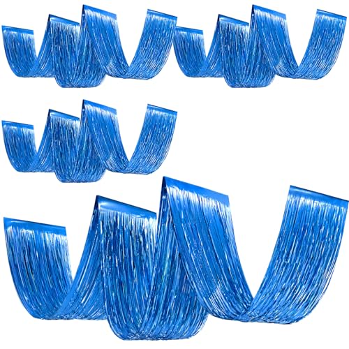 Breling 4 Pcs Blue Ceiling Fringe Curtains, Metallic Foil Drapes, 15 ft | Ocean Blue Theme for Nautical, Sports, Winter, Gender Reveal, Birthday and Photo Backdrops