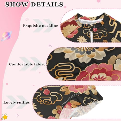 Girls One Piece Swimsuits Long Sleeve Swimsuit Zipper Bathing Suits Japanese Flower Black3