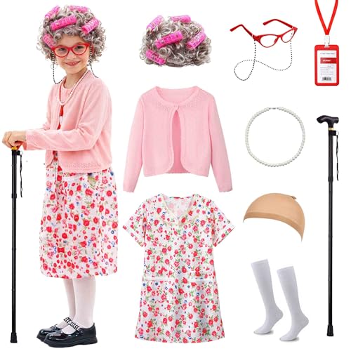 Watlie 100 Days of School Costume for Girls, Old Lady Costume for Kids, Granny Grandma Dress Up