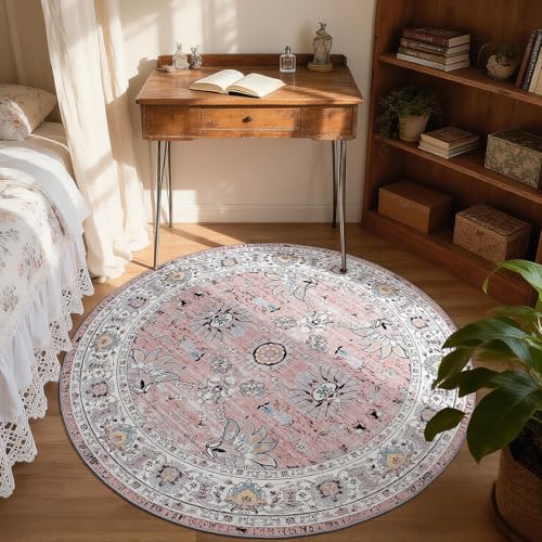 Tapete redondo lavable 4x4 pies estilo vintage boho miniatura 2