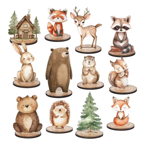 FYSUIMU 12Pcs Woodland Animal Wooden Table Sign Forest Animal Tabletop Centerpiece Rustic Tiered Tray Decor for Birthday Baby Shower Farmhouse Home Office
