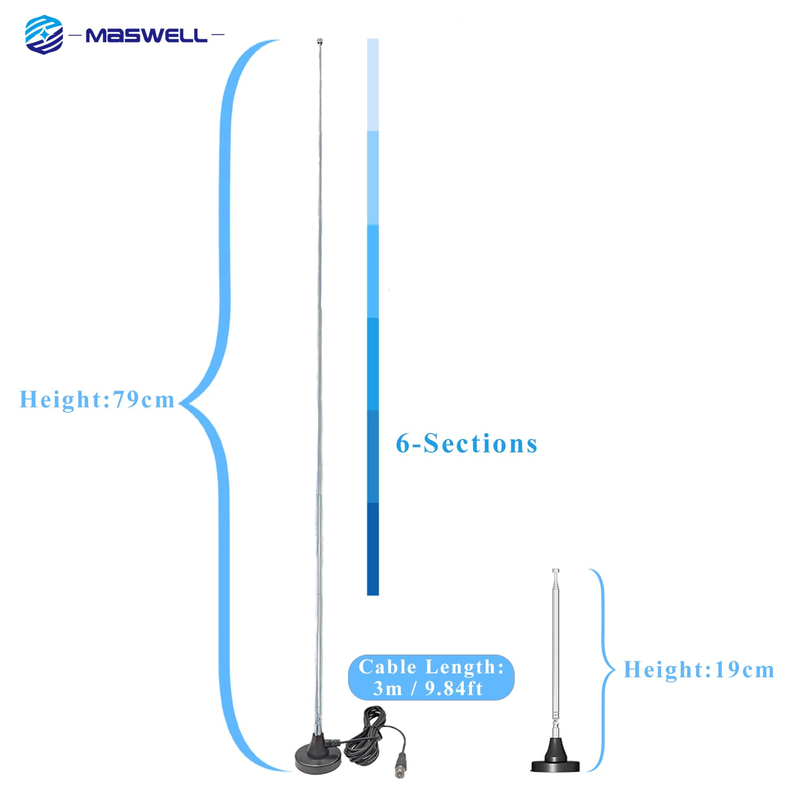 Maswell FM Radio Antenna, Digital Telescopic, 3 m Extension Cable, Magnetic Base, for 75 Ohm DAB/DAB+/FM Radio/Stereo/AV/HiFi Receiver - Image 2
