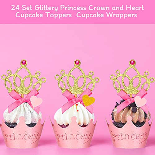 72 Pieces Glittery Princess Cupcake Toppers Crown Cupcake Wrapper Holder Pink Gold Crown Tiara Cupcake Pick Glitter Heart Cupcake Topper Baby Shower Cupcake Decoration For Birthday Wedding Party Decor #TOP3