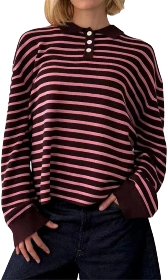 Melliflo Womens Y2k Striped Polo Sweater Button Collared Long Sleeve Rugby Shirt Vintage Color Block V Neck Knitted