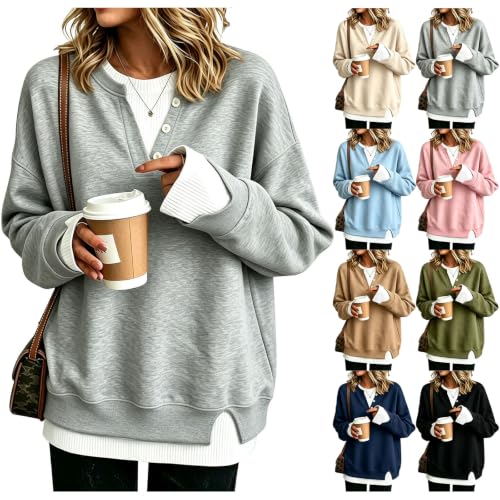 Crew Neck Sweatshirts Women Oversized Fall Faux Layered Henley Sweatshirts - image 1