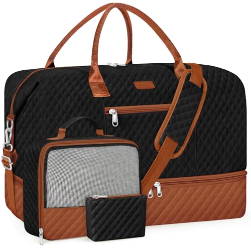 Weekender Bag for Women Travel Duffel Bag - Carry On Overnight Bag with Shoe Compartment Large Nylon Duffle Tote Bag 21.5" with Toiletry Bag for Traveling Business Weekend Trip 3Pcs Set