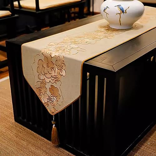 BuZhi Caminos de Mesa Camino De Mesa Bordado Retro con Respaldo De Goma Antideslizante, Aislamiento Térmico/Alfombrilla De Té Impermeable para Fiesta De Casa De Té con Borla(Size:33×100cm)