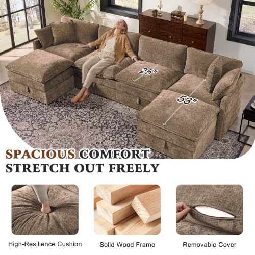 Image of Ihanherry 135 inch Modular Sectional Sofa with Storage, U Shaped Cloud Couch with Movable Ottomans & 4 Pillows, Chenille Deep Seat Sectional Couches for Living Room, Apartment (Brown)