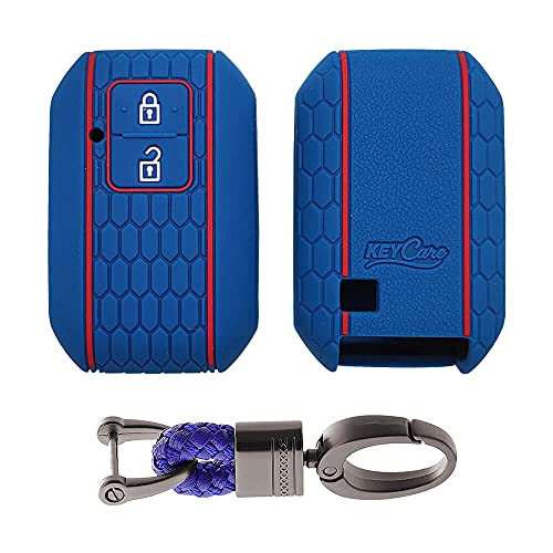 Image of Keycare Silicone Key Cover and Keychain Compatible for Glanza, Urban Cruiser Taisor, Rumion, Urban Cruiser Hyryder 2 Button Smart Key (Blue with Alloy Key Holder Blue)