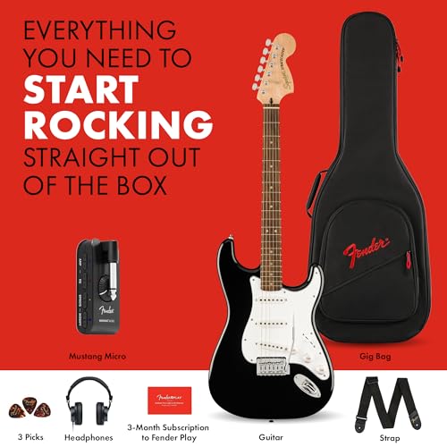 Image of Fender Affinity Series Stratocaster Mustang Micro Pack, Laurel Fingerboard, Black, Gig Bag, HD9, US, CA, EU, AU, JP