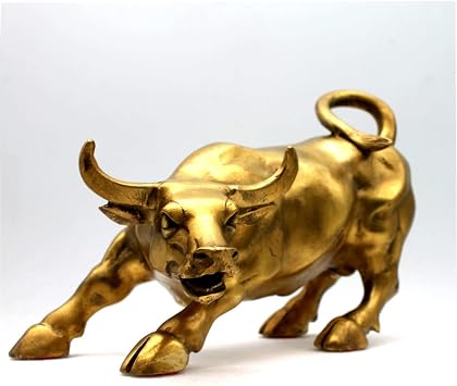 Feng Shui Fortune Brass Street Bull Statue, Sculpture Home Decoration Golden Copper Bull Represents Good Luck of Career and Wealth
